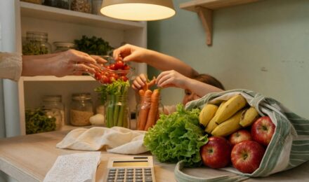 Family of four meal planning at kitchen table with grocery list and bulk ingredients like rice and beans