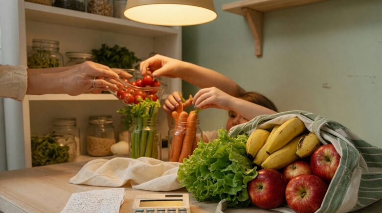 Family of four meal planning at kitchen table with grocery list and bulk ingredients like rice and beans