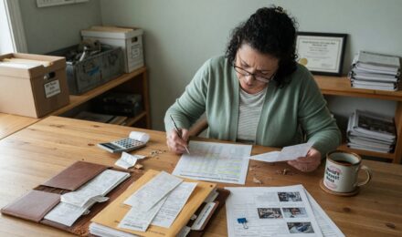 Small business owner reviewing equipment purchase and tax deduction documents