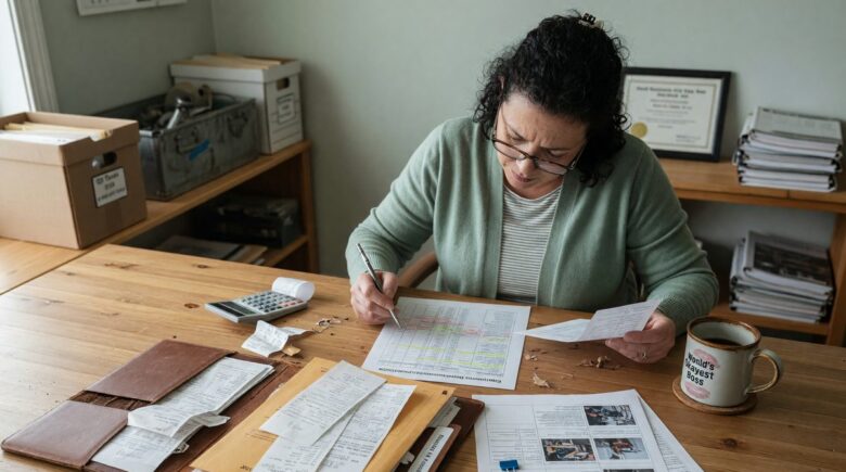 Small business owner reviewing equipment purchase and tax deduction documents
