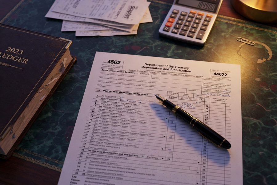 CPA reviewing Form 4562 depreciation worksheet with small business client