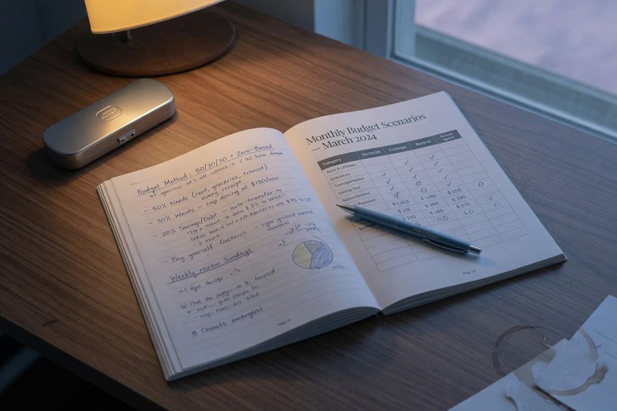 Side-by-side comparison infographic of five budgeting methods with effort and outcome ratings