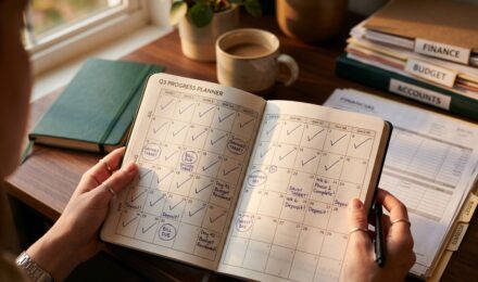 Step-by-step breakdown of a 90-day financial reset framework with calendar and budget tracking tools