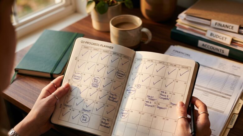 Step-by-step breakdown of a 90-day financial reset framework with calendar and budget tracking tools