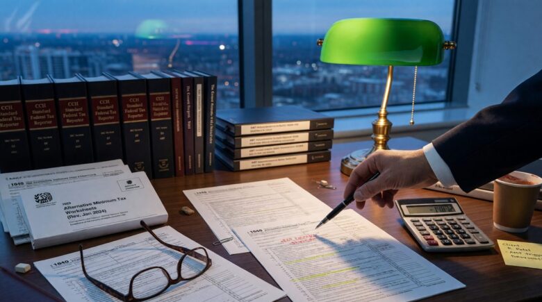 Tax forms and calculator showing alternative minimum tax calculation for 2026