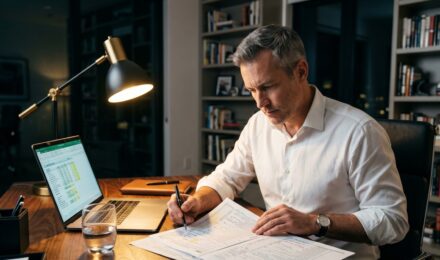 Person reviewing federal tax forms at a desk with a calculator, checking for alternative minimum tax liability