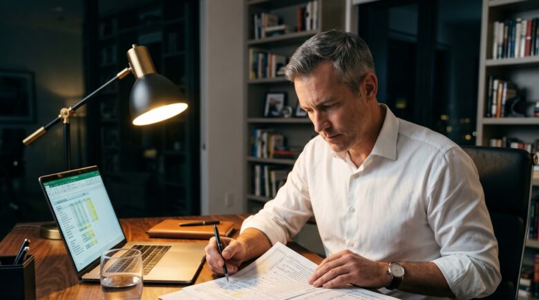 Person reviewing federal tax forms at a desk with a calculator, checking for alternative minimum tax liability