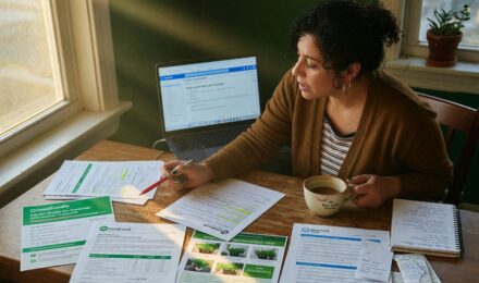 Small business owner reviewing funding options on laptop with financial documents