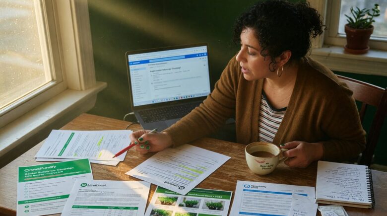 Small business owner reviewing funding options on laptop with financial documents