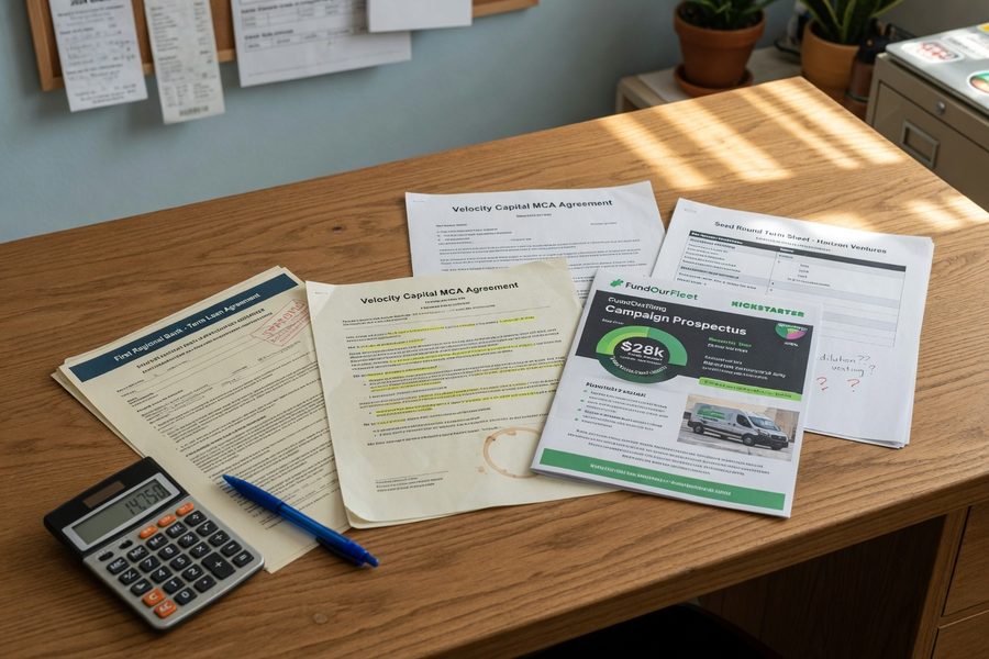 Business owner reviewing loan documents and comparing online lender terms at a desk