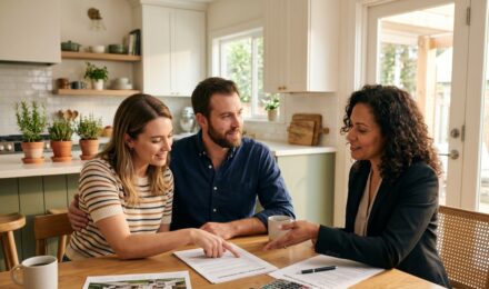 Homebuyer reviewing mortgage documents with a seller at a closing table, representing an assumable mortgage transfer
