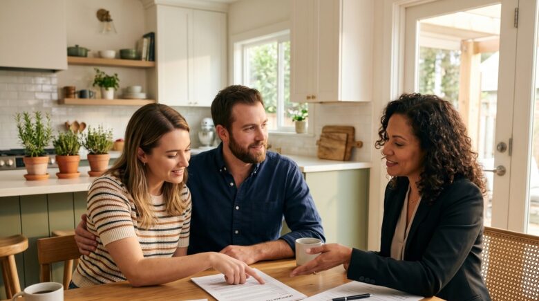 Homebuyer reviewing mortgage documents with a seller at a closing table, representing an assumable mortgage transfer