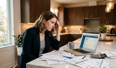 A person in their 30s reviewing finances on a laptop with bills and a coffee cup on the desk
