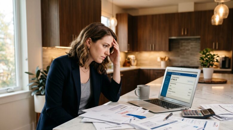 A person in their 30s reviewing finances on a laptop with bills and a coffee cup on the desk