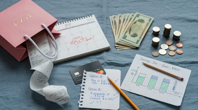 Comparison graphic showing buy now pay later versus saving up first with cash flow considerations