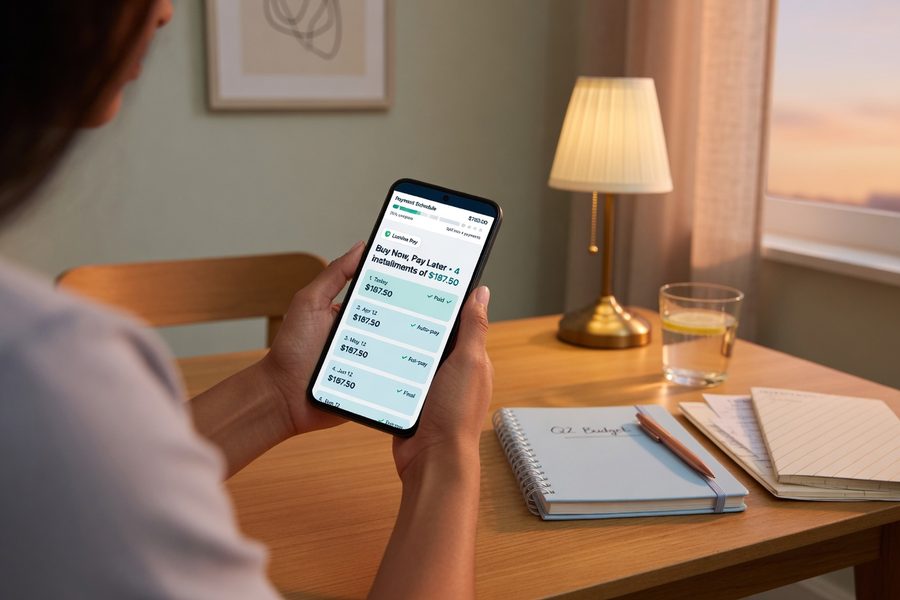 Smartphone screen showing a BNPL checkout screen split into four installments