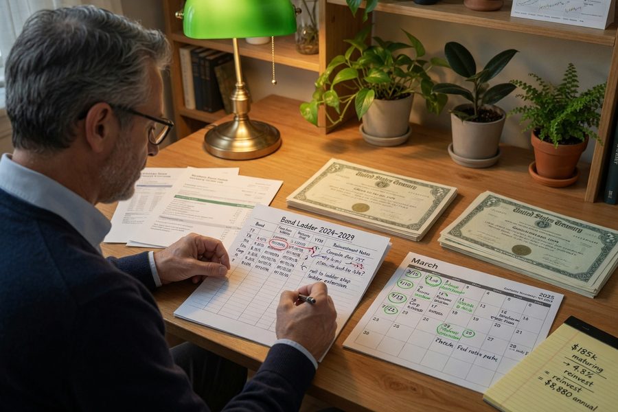 Retiree reviewing bond maturity schedule and income plan at a desk