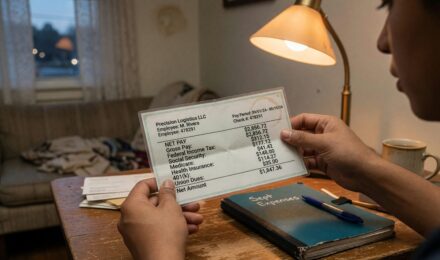 Person reviewing monthly budget and bills at home desk