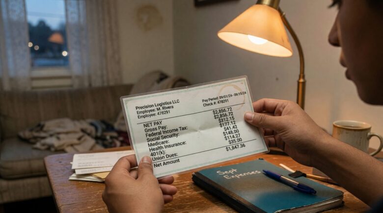 Person reviewing monthly budget and bills at home desk