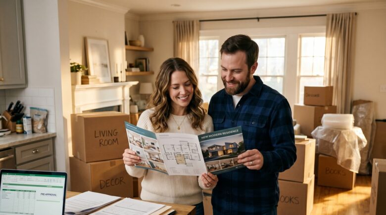 A homeowner reviewing bridge loan documents at a kitchen table with a for-sale sign visible through the window
