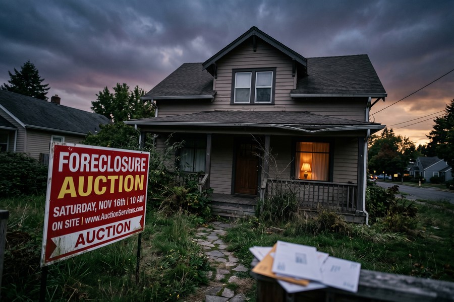 Homeowner reviewing bridge loan documents at kitchen table with two properties in background