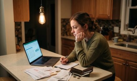 Person reviewing a household budget spreadsheet at a kitchen table with bills and a calculator nearby