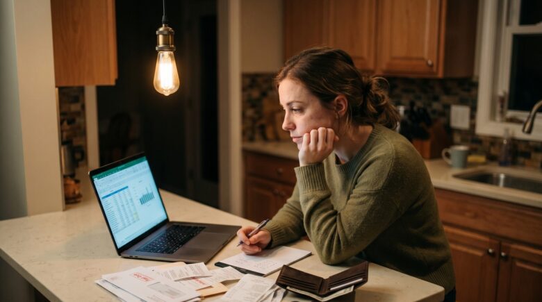 Person reviewing a household budget spreadsheet at a kitchen table with bills and a calculator nearby