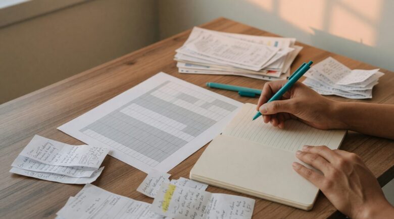 A person writing in a notebook with financial documents and a calculator, representing the start of building a budget.