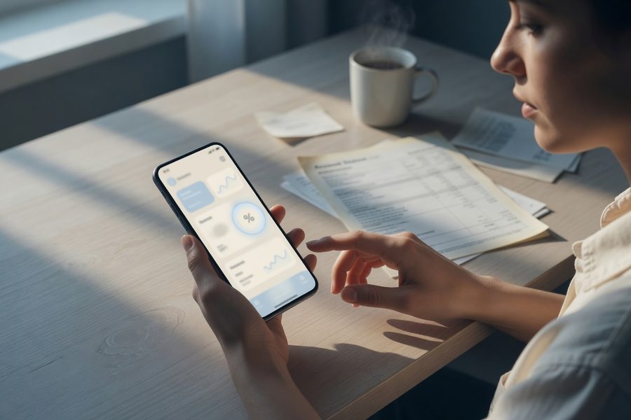 A smartphone screen showing automatic transfers to a high-yield savings account with a reminder alert.