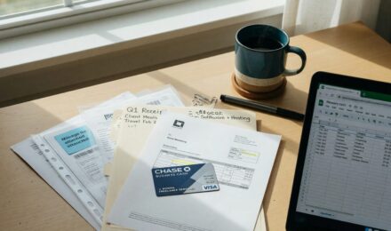 Freelancer reviewing business credit card statement for tax deductions