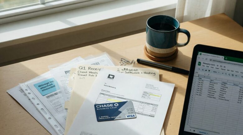 Freelancer reviewing business credit card statement for tax deductions