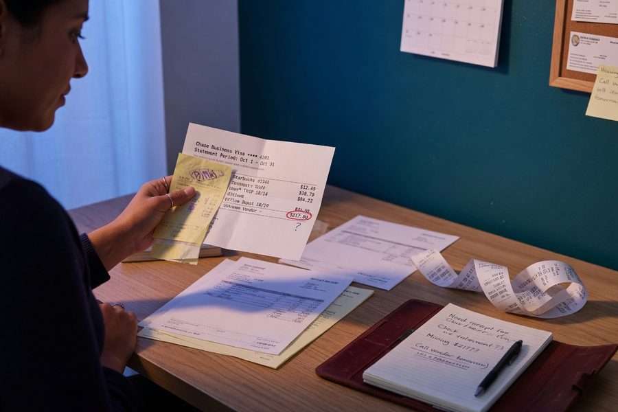 Freelancer reviewing business credit card statements for Schedule C tax preparation