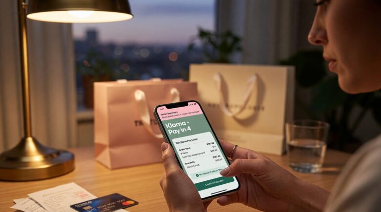 Smartphone showing a buy now pay later app with payment installments and warning signs of late fees