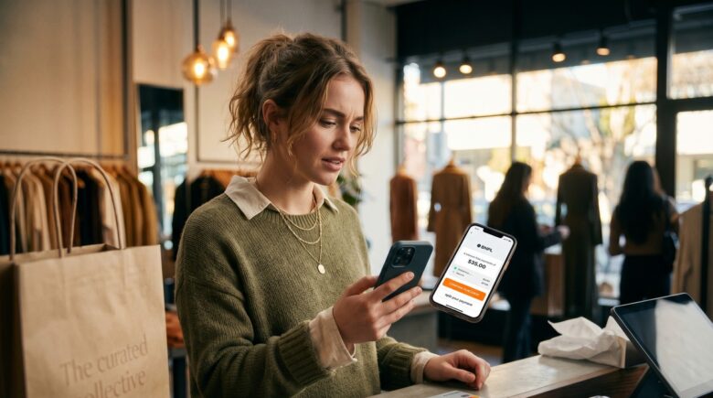 Young shopper at a laptop checkout screen comparing buy now pay later and credit card payment options