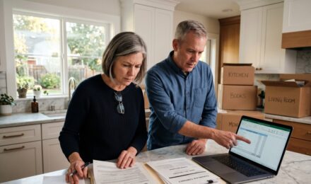 Homeowner reviewing capital gains tax documents at a desk after selling a house