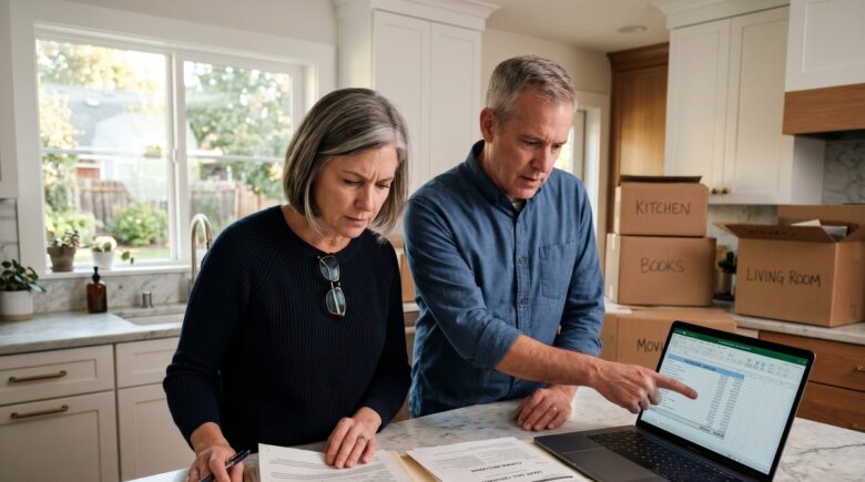 Homeowner reviewing capital gains tax documents at a desk after selling a house