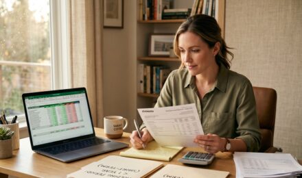 Person reviewing capital gains tax rates on a laptop with investment documents on a desk