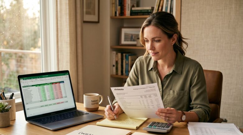 Person reviewing capital gains tax rates on a laptop with investment documents on a desk