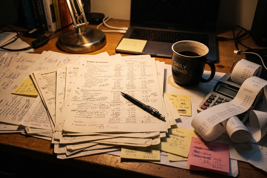 Person filling labeled cash envelopes at a kitchen table with budget categories written on each envelope