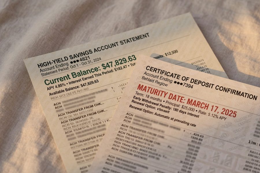 Retiree reviewing CD maturity schedule and monthly income plan at a desk with documents