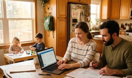 Parent reviewing federal tax return documents with a child sitting nearby at a kitchen table
