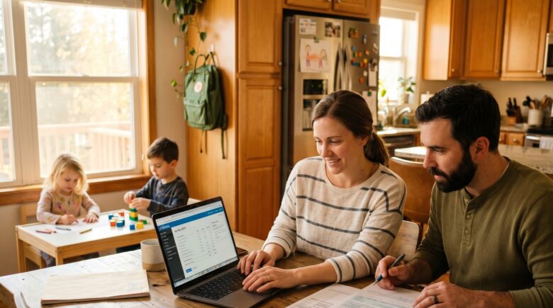 Parent reviewing federal tax return documents with a child sitting nearby at a kitchen table
