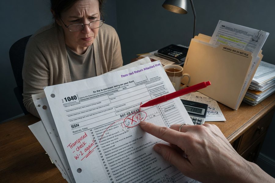 Parent reviewing tax documents at a desk with Schedule 8812 and Form 1040 visible