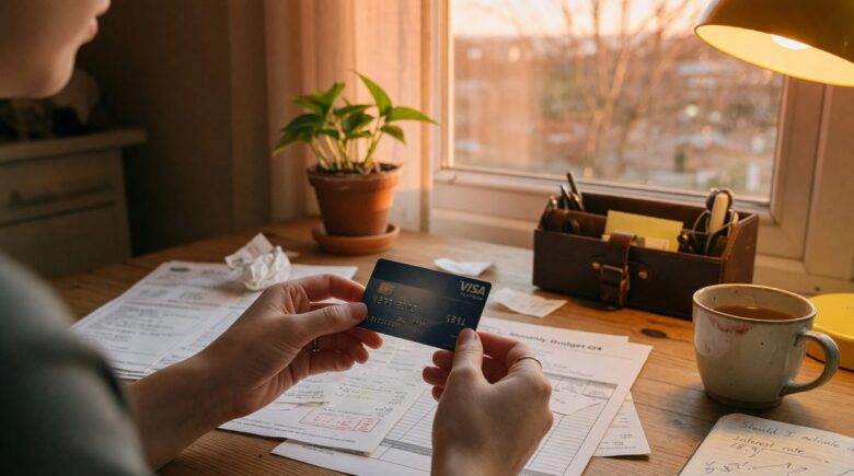 Person holding a credit card with a question mark, deciding whether to close an unused account