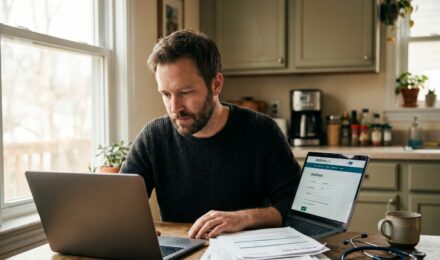 A laid-off worker reviewing COBRA health insurance documents at a desk with an open laptop and a folder of medical paperwork