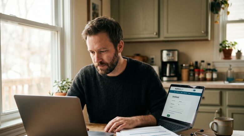 A laid-off worker reviewing COBRA health insurance documents at a desk with an open laptop and a folder of medical paperwork