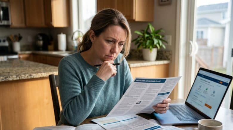 Person reviewing health insurance plan options and costs during open enrollment
