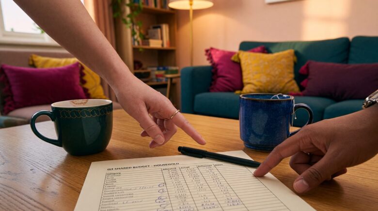 Couple reviewing budget documents and financial statements together at a table