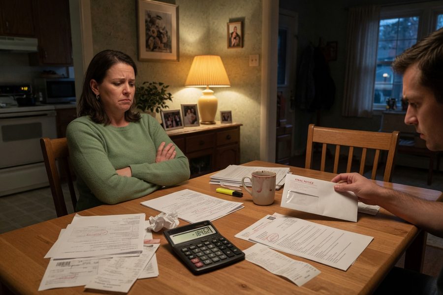 Two partners reviewing financial documents together at a kitchen table