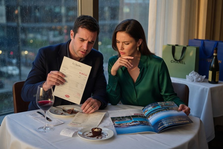 Couple reviewing a yearly financial plan together at a desk with charts and notes
